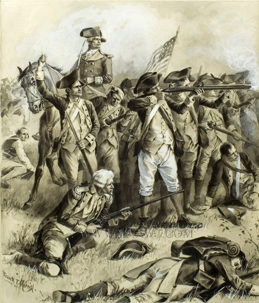 Frank T. (Thayer) Merrill, Illustration, George Washington
George Washington mounted behind line of Continental soldiers firing muskets
Gouache on board, en grisaille, matted, entire view